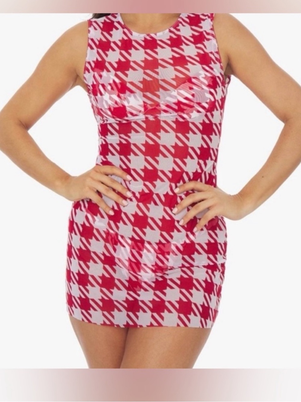 NWT WeWoreWhat Red and White Houndstooth Mini Dress Size XL - Picture 3 of 5